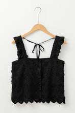 Black Floral Embroidered Buttoned Square Neck Tank Top