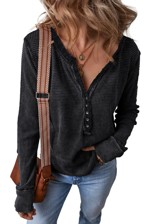 Black Acid Wash Waffle Knit Buttoned Neckline Long Sleeve Top