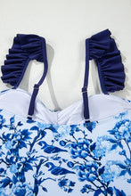 Blue Cutout Ruffled Spaghetti Strap One-Piece Swimwear