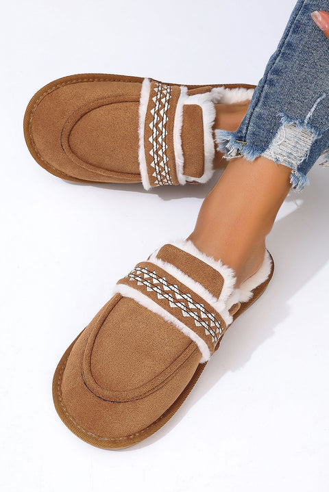 Chestnut Suede Wavy Striped Plush Lined Home Slippers