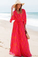 Orange Leafy Print 3/4 Sleeve V Neck Buttoned Split Maxi Dress