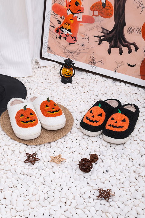 Black Halloween Pumpkin Print Plush Slippers