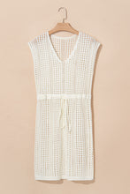 Beige Open Knit Drawstring Waist Beach Dress