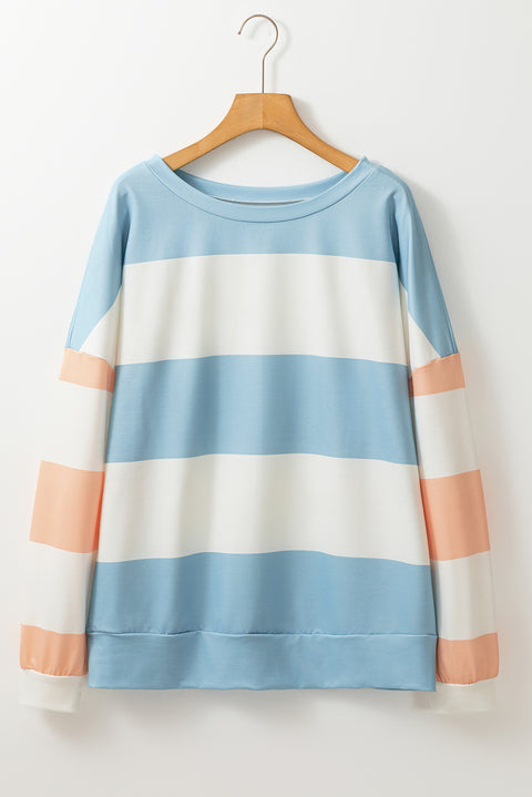 Light Blue Colorblock Striped Drop Shoulder Long Sleeve Top