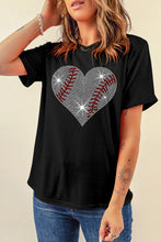 Black Rhinestone Baseball Heart Shape Graphic Casual T Shirt