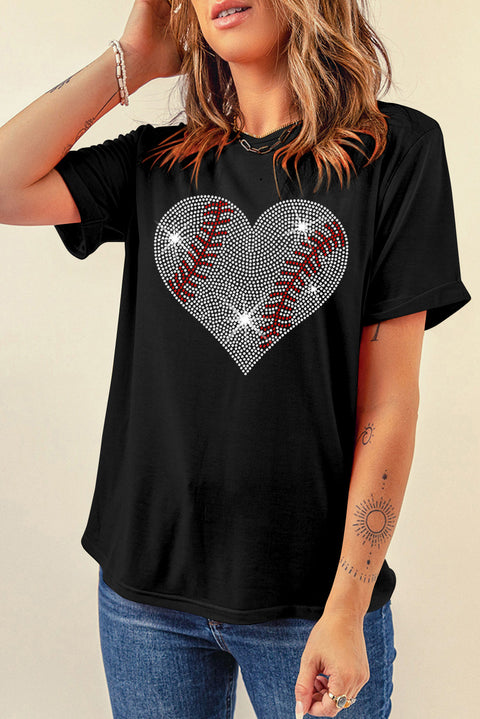 Black Rhinestone Baseball Heart Shape Graphic Casual T Shirt