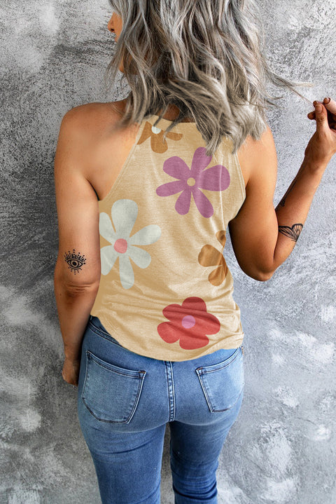 Khaki Flower Print Round Neck Tank