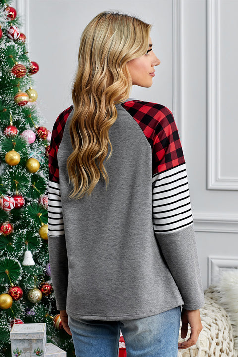 Buffalo Plaid & Stripe Splicing Long Sleeve Top