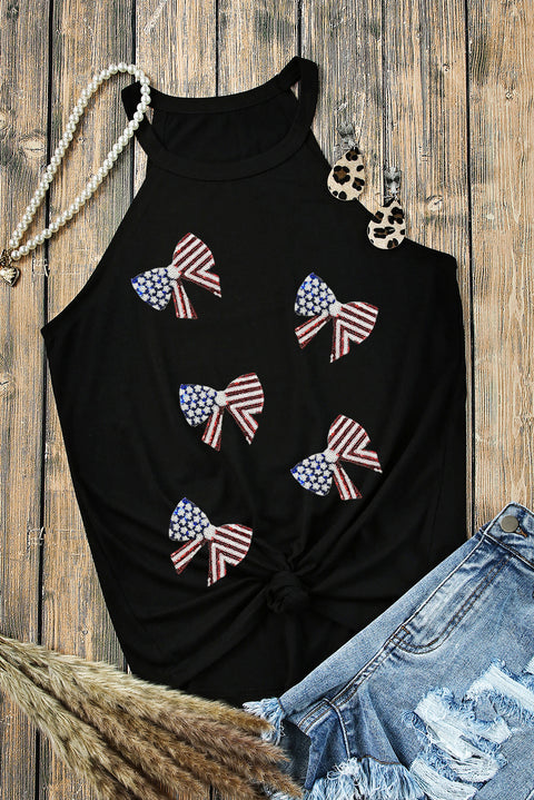 Black Sequined Flag Bowknot Fashion Tank Top