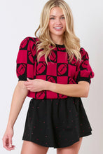 Red Rugby Plaid Color Block Puff Short Sleeve Sweater