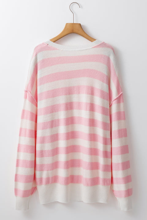 Pink Stripe Half Buttons Drop Shoulder Sweater