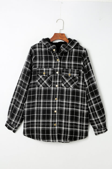 Khaki Plaid Pattern Sherpa Lined Hooded Shacket