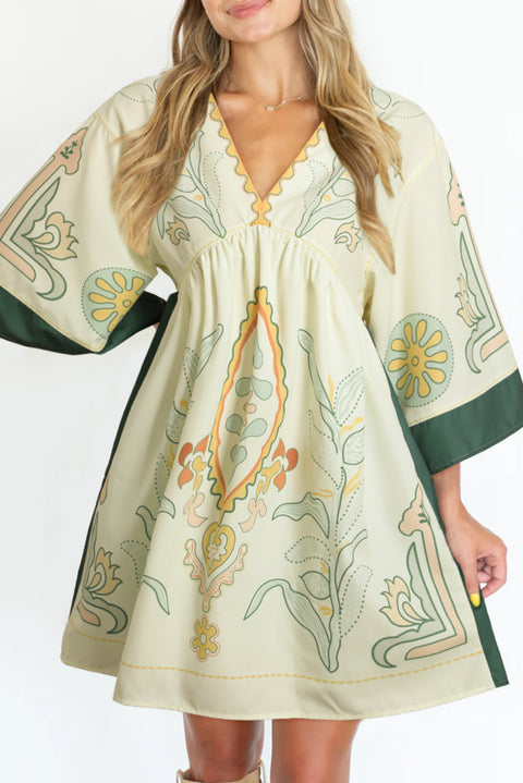 Multicolour Boho Print V Neck Empire Waist Short Kimono Dress