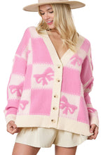 Pink Bowknot Checkered Pattern V Neck Drop Shoulder Button Up Cardigan