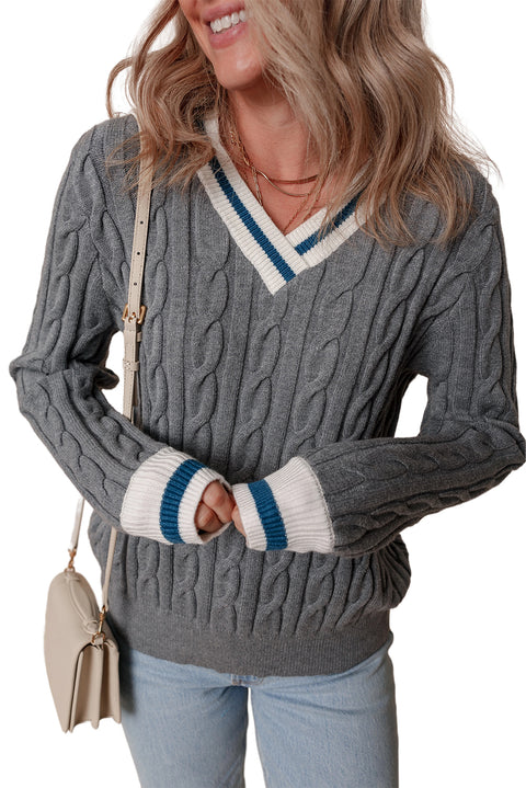 Medium Grey Color Contrast Ribbed Edge Cable Knit V Neck Sweater