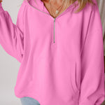 Bonbon Fleece Lined Half Zipper Kangaroo Pockets Loose Hoodie