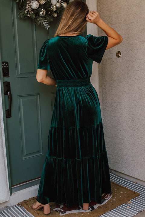 Evergreen Velvet Short Sleeve Shirred Waist Tiered Maxi Dress