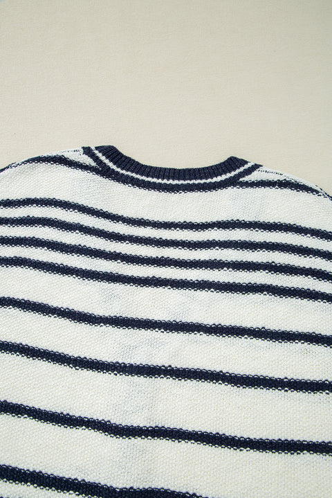 Blue Stripe Loose Buttoned V Neck Sweater Vest