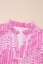 Pink Abstract Print Ric Rac Trim Flutter Sleeve Notch V Neck Blouse