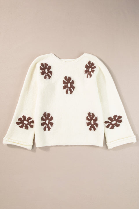 White Colorblock Floral Pattern Round Neck Sweater