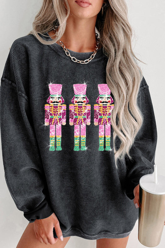 Black Christmas Neon Nutcrackers Mineral Wash Corded Sweatshirt