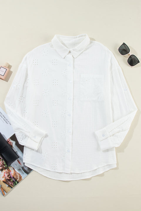 White Broidered Anglaise Crinkle Loose Shirt