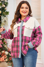 Red Plaid Print Waffle Knit Patchwork Plus Size Shirt