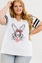 White Cute Easter Bunny Varsity Striped Sleeve Plus V Neck Tee