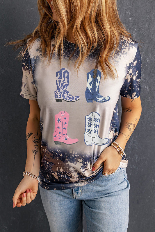 Multicolor Tie Dye Western Boots Printed Crewneck T-shirt