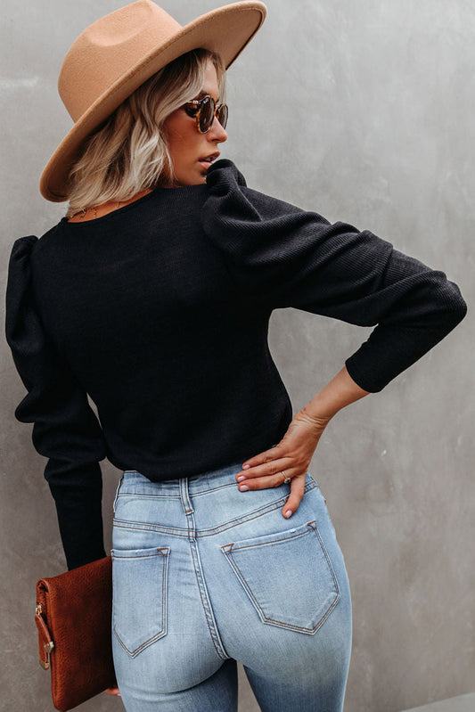 Black Solid Puff Sleeve Ribbed Knit Top