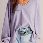 Orchid Petal Waffle V Neck Long Sleeve Drop Shoulder Loose Blouse