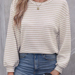 Khaki Stripe Round Neck Drop Shoulder Long Sleeve Top