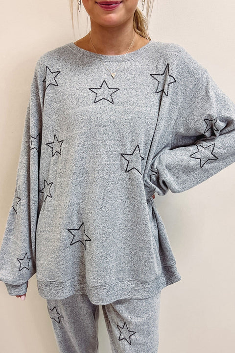 Gray Stars Print Long Sleeve Drawstring High Waist Lounge Set