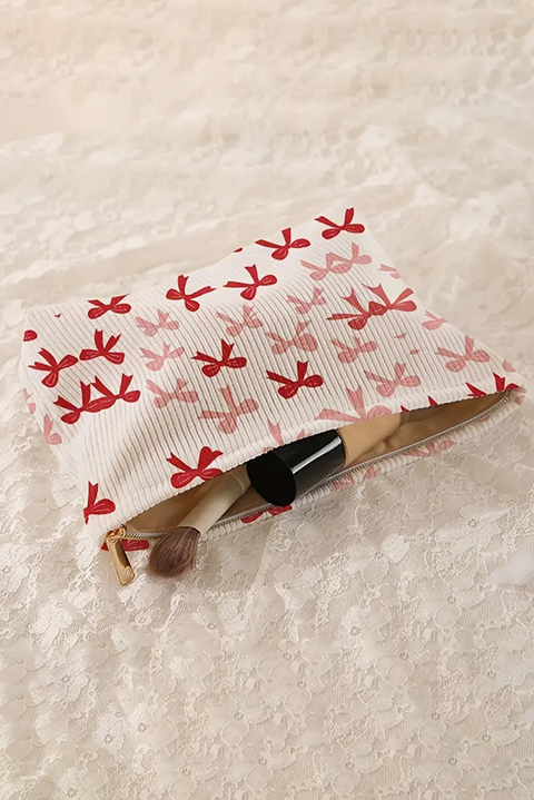 Fiery Red Bows Print Zipped Corduroy Makeup Storage Bag