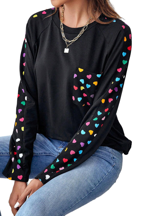 Black Valentine\'s Day Love Hearts Raglan Sleeve Top