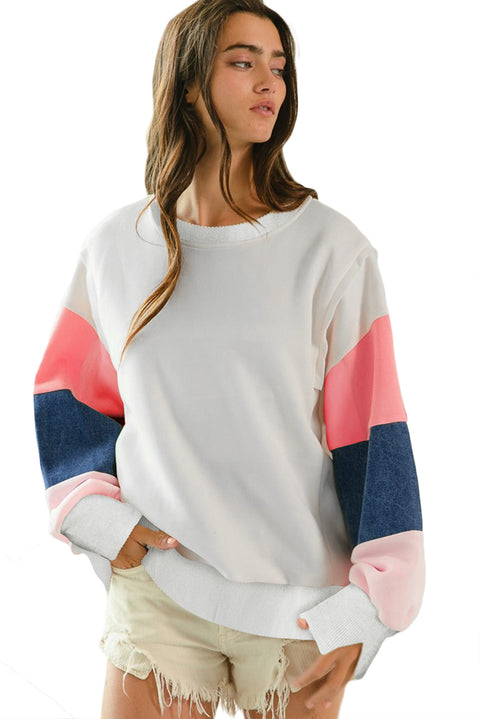 White French Terry Color Block Long Sleeve Top