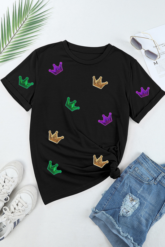 Black Mardi Gras Crown Patched Graphic T Shirt