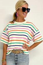 Beige Stripe Dropped Short Sleeve Boxy Fit Knitted Top