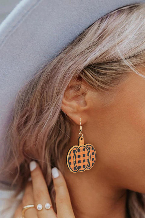 Russet Orange Plaid Print Pumpkin Shape Halloween Drop Earrings