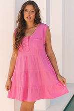 Bright Pink Waffle Textured Button Round Neck A-line Tiered Sleeveless Dress