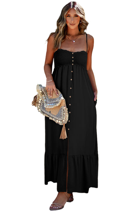 Black Spaghetti Straps Smocked Front Slit Buttoned Dress