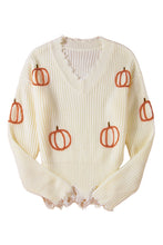 Beige Cable Knit Pumpkin Raw Hem V Neck Loose Sweater