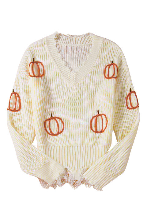 Beige Cable Knit Pumpkin Raw Hem V Neck Loose Sweater