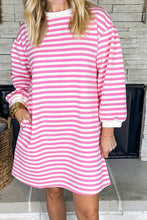 Pink Stripe Round Neck Puff Sleeve Pocketed Shift Dress