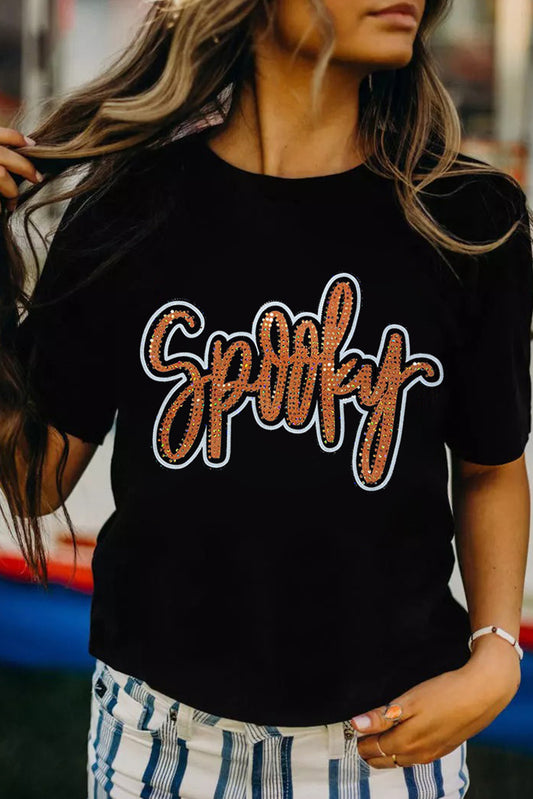 Black Spooky Rhinestone Crew Neck Graphic Tee