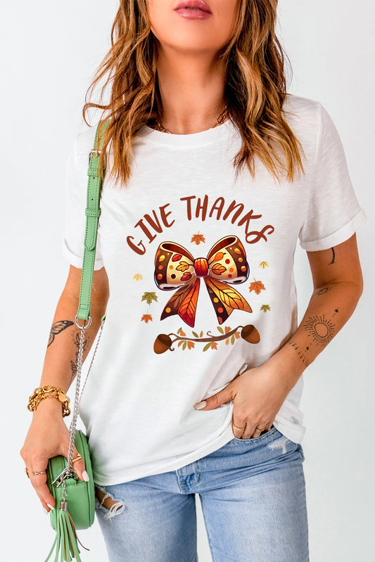 White GIVE THANKS Bowknot Graphic Cuffed Sleeve T Shirt