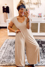 Light French Beige Cap Sleeve Round Neck Curvy Wide Leg Jumpsuit