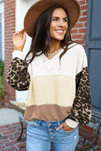 Wild Leopard Contrast Sleeve Colorblock Waffle Knit Top