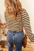 Light French Beige Striped Knit Drop Shoulder Crewneck Cropped Sweater