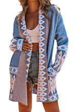 Gray Aztec Print Open Front Knitted Cardigan